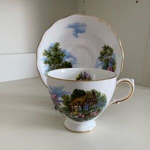EUC VTG ROYAL VALE BONE CHINA TEACUP AND SAUCER IN PATTERN 7382 COTTAGE SCENE